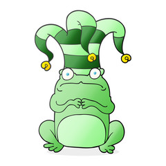 cartoon nervous frog wearing jester hat