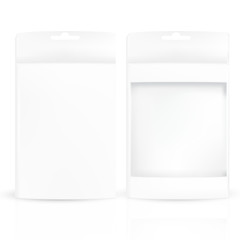 VECTOR PACKAGING: Set of white gray product packaging box with hanging hole, one box with front window on isolated white background. Mock-up template ready for design