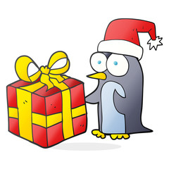 cartoon christmas penguin with present