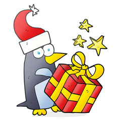 cartoon christmas penguin with present