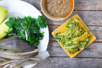 Pickled fish and chili dip with fried acacia pennata omelet and