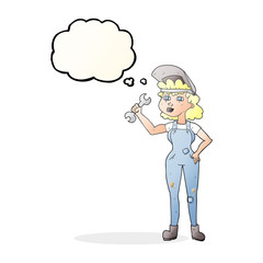 thought bubble cartoon woman with spanner