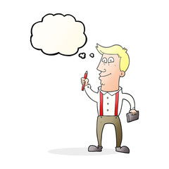 thought bubble cartoon man with notebook and pen