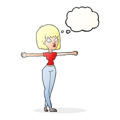 thought bubble cartoon woman spreading arms