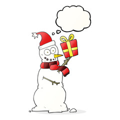thought bubble cartoon snowman holding present