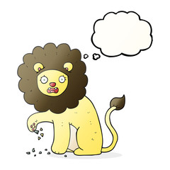 thought bubble cartoon lion with thorn in foot