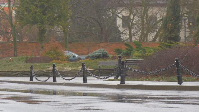 Park Evergreen Trees in Alley Brack Decorative Fence With Chain Rain is Falling City Street Wet Road Fall Winter Puddles on an Asphalt Cityscape