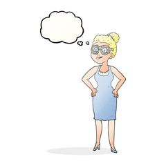thought bubble cartoon woman wearing glasses