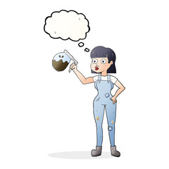 thought bubble cartoon woman in dungarees with coffee