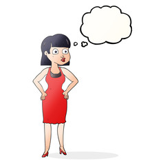 thought bubble cartoon woman in dress with hands on hips