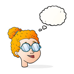 thought bubble cartoon woman wearing spectacles