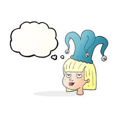 thought bubble cartoon woman wearing jester hat