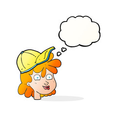 thought bubble cartoon female face wearing cap