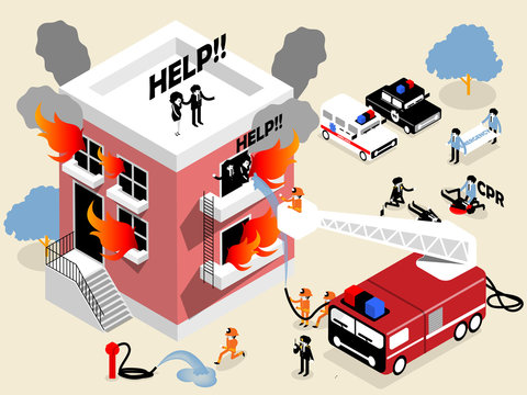 isometric design of firefighters fighting building on fire and rescuing woman and man who stuck in there,firefighters career concept design