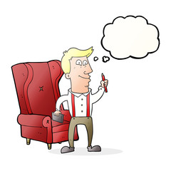thought bubble cartoon man with notebook and pen