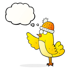 thought bubble cartoon bird wearing hat