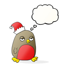 thought bubble cartoon christmas robin wearing santa hat