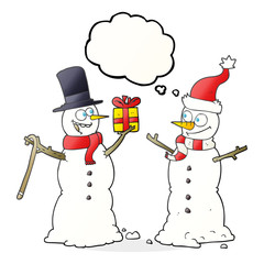 thought bubble cartoon snowmen exchanging gifts