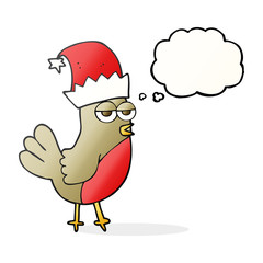 thought bubble cartoon robin in christmas hat