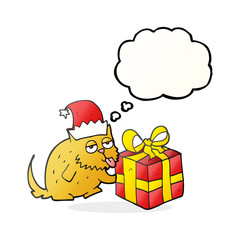 thought bubble cartoon cat with present