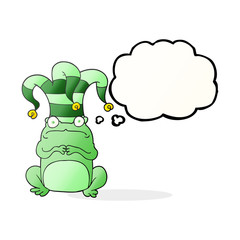 thought bubble cartoon nervous frog wearing jester hat