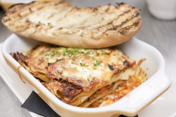 lasagna and garlic bread