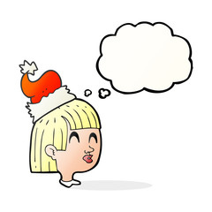 thought bubble cartoon girl wearing santa hat