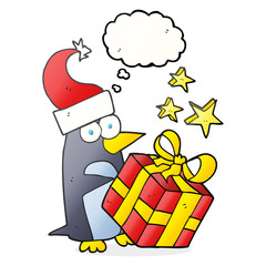 thought bubble cartoon christmas penguin with present