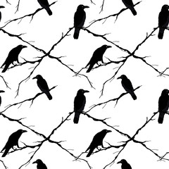 Seamless crows and tree branches. Vector
