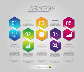 Infographic honeycomb structure elements with icons set on the grey background. Vector graphic business modern template