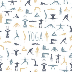 Yoga poses with props in vector. Seamless pattern.