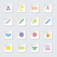 colorful flat icon set 8 on white rounded rectangle button with soft shadow for web design, user interface (UI), infographic and mobile application (apps)