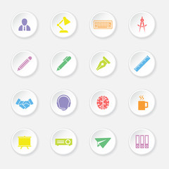 colorful flat icon set 8 on white circle button with soft shadow for web design, user interface (UI), infographic and mobile application (apps)