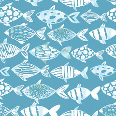 Light watercolor white fishes on the blue background.