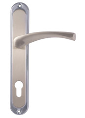 Door handle of silver on a white background front view