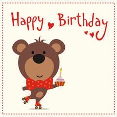 cute teddy bear with birthday cake, handwritten text, happy birthday card  - 104251602