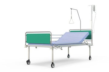 Blue and chrome mobile hospital bed with recliner, 3d illustration, isolated against a white background