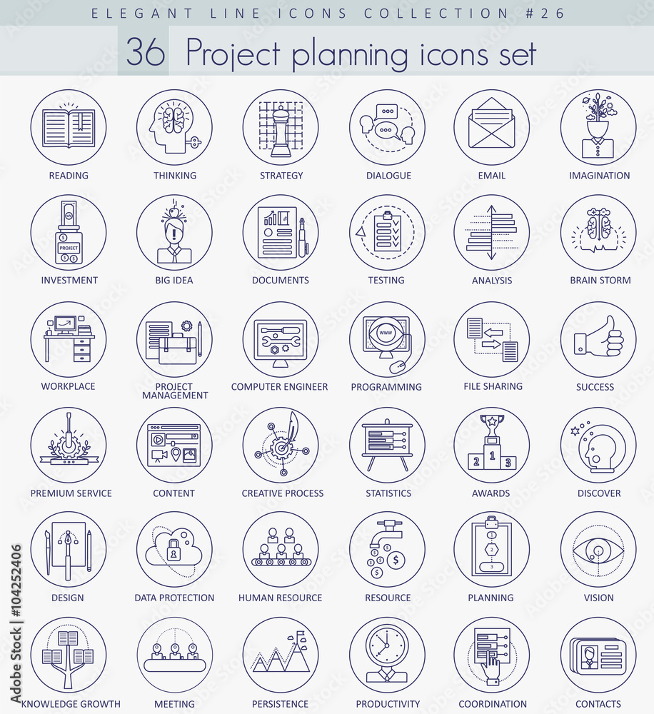 Aufkleber Vector Project planning outline icon set. Elegant thin line style design.