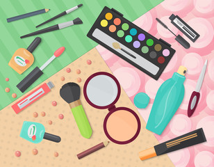 Top view of various makeup decorative cosmetics products on colorful patterns background. Vector illustration. 