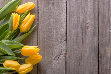 yellow tulips over wooden table background