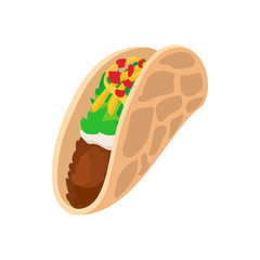 Tortilla wrap with meat and vegetables icon, cartoon style 