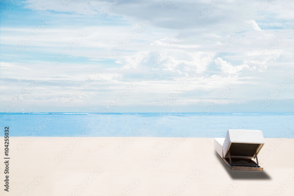 Wall mural The beach in summer, clear sand and blue sky with beach chair, idyllic travel background