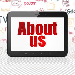 Advertising concept: Tablet Computer with About Us on display