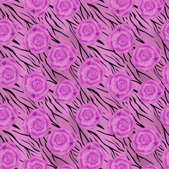Roses on tiger wild skin leather seamless pattern background