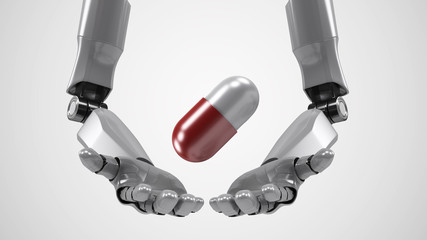 A robotic mechanical arm with pill. Strong stylish futuristic design concept. Cybernetic organism with Artificial Intelligence.