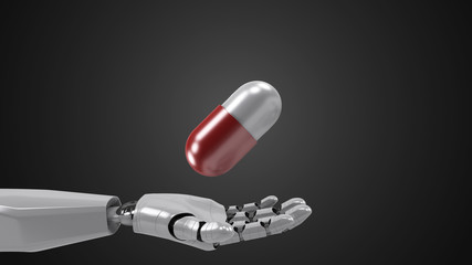 A robotic mechanical arm with pill. Strong stylish futuristic design concept. Cybernetic organism with Artificial Intelligence.