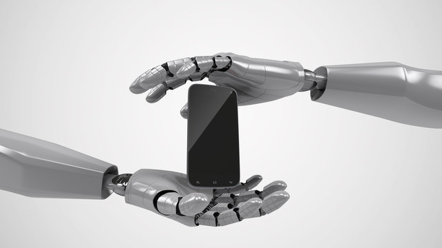 A robotic mechanical arm with smartphone. Strong stylish futuristic design concept. Cybernetic organism with Artificial Intelligence. 