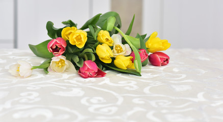 Spring Tulip Flowers in a room interior. Tulips bunch. Tulips on