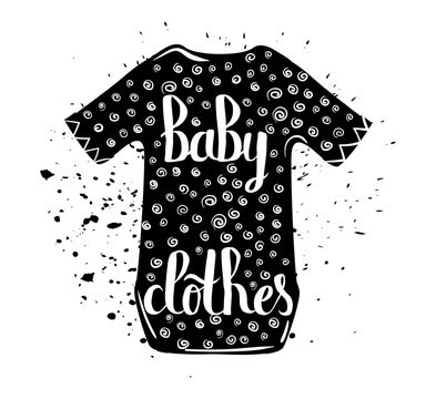 Vintage cartoon print baby clothes and hand lettering isolated on white background. Vector