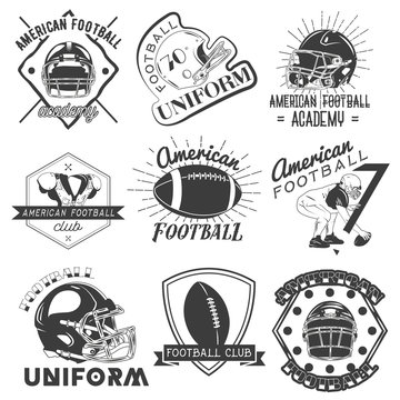 Vector set of rugby and american football labels in vintage style. Sport concept.